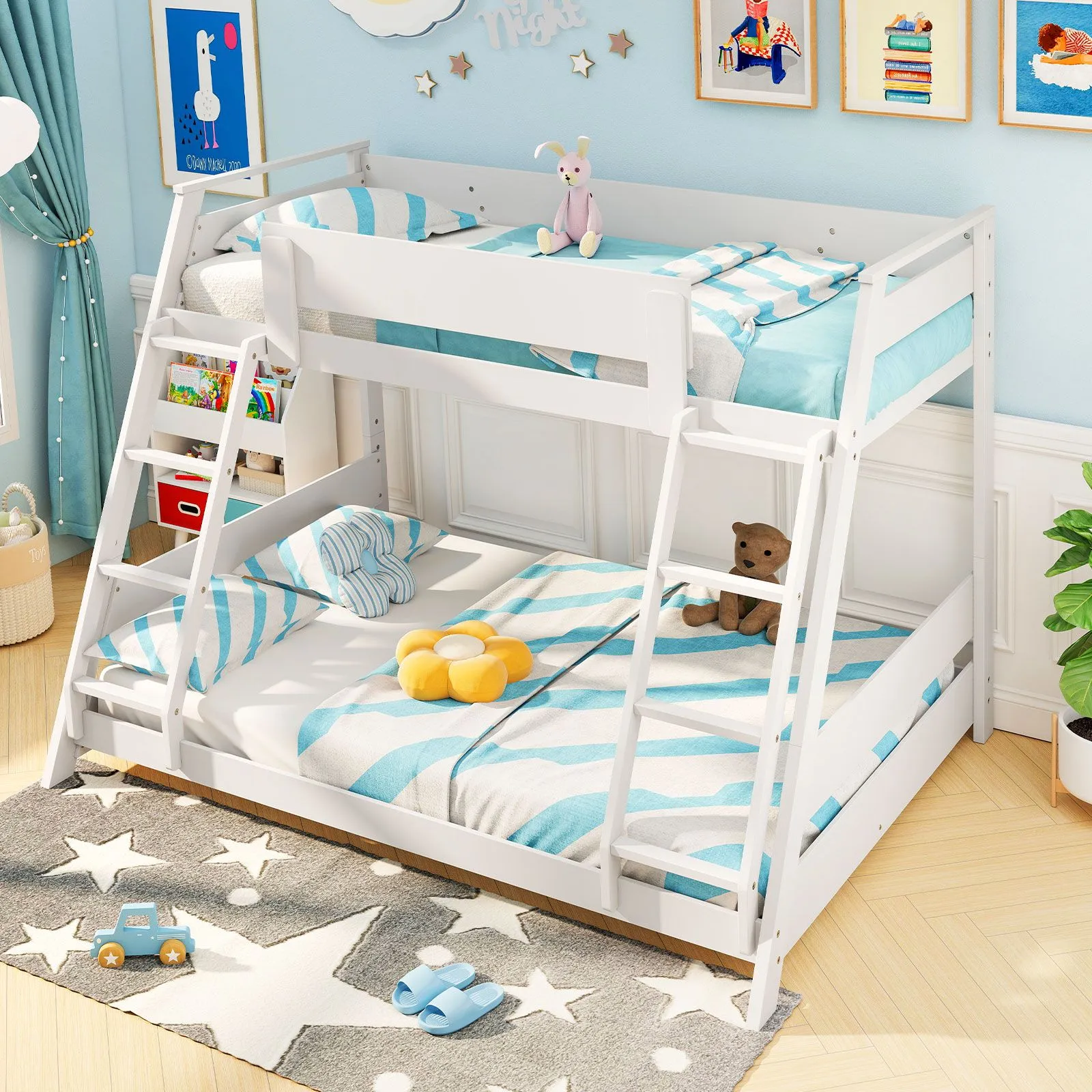 Costway 2-in-1 Single Over Double Bunk Bed Convertible Bed Frame w/ 2 Ladders in White 2