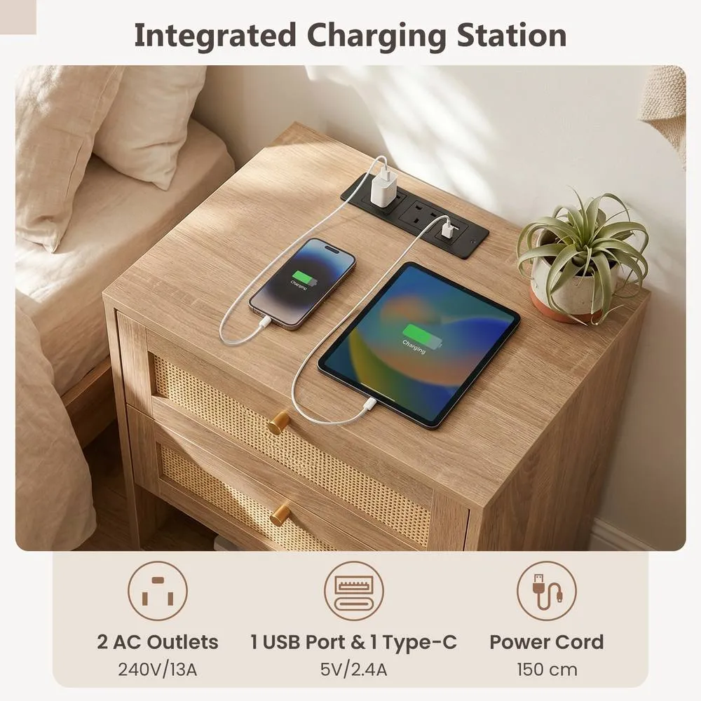 Costway Nightstand with Charging Station LED Light Strip in Khaki 5