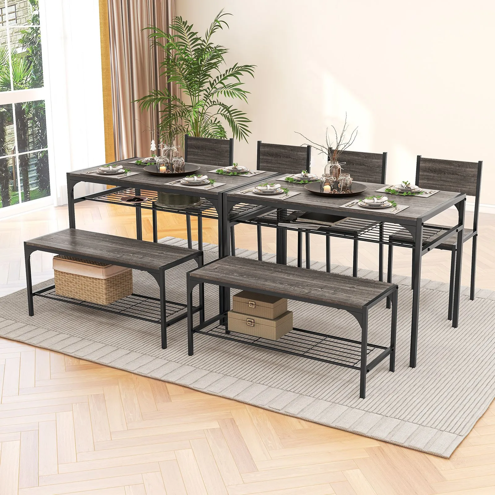 Costway 4PCS Dining Table Set for 4 Industrial Rectangular Kitchen Table with Chairs & Bench Metal Frame in Grey 2