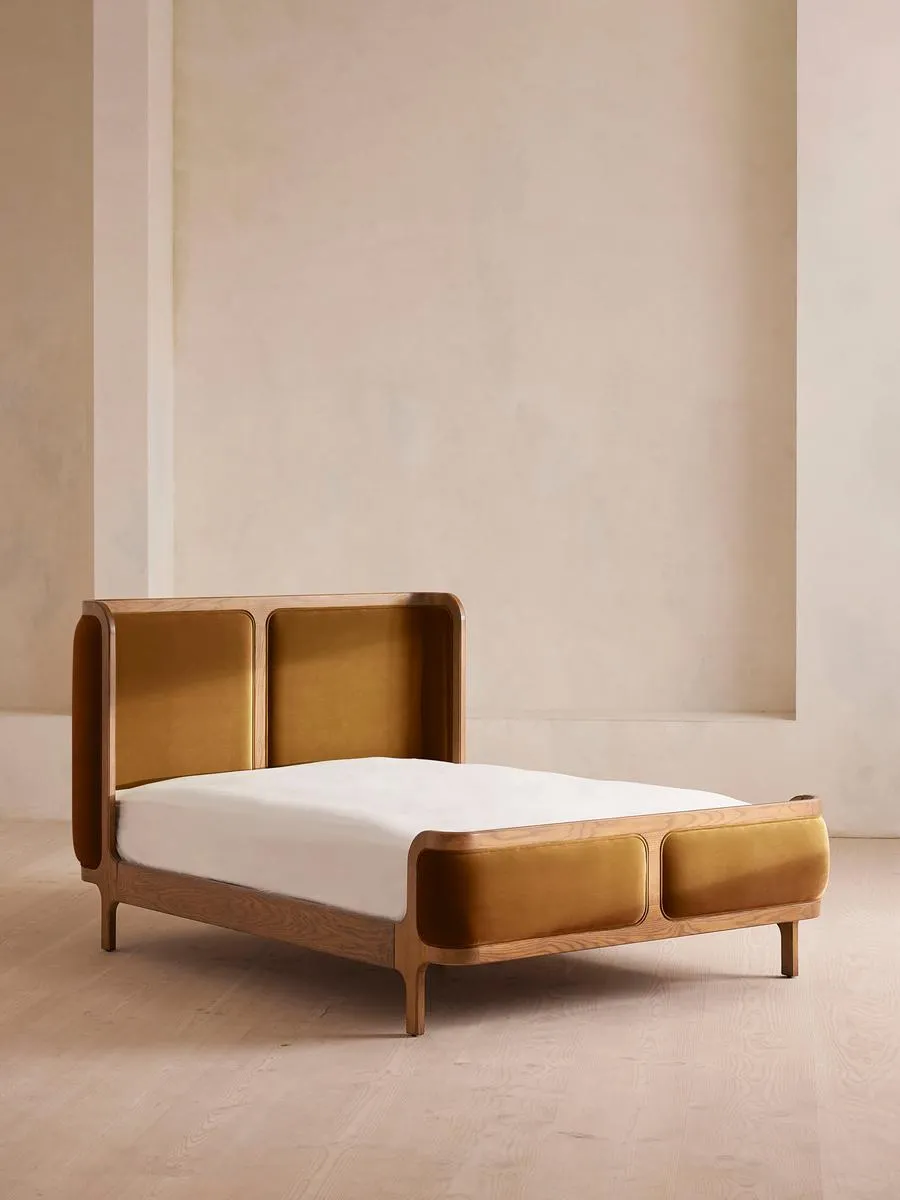 Belsa Bed, Light Oak, Super king, Velvet, Mustard