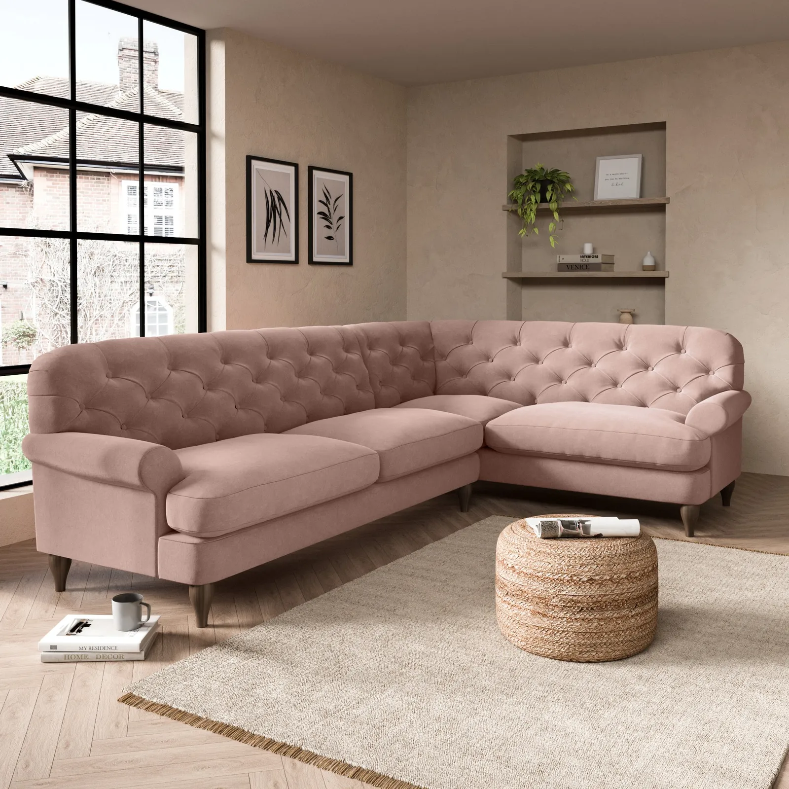 Canterbury Luxury Velvet Right Hand Corner Sofa Blush