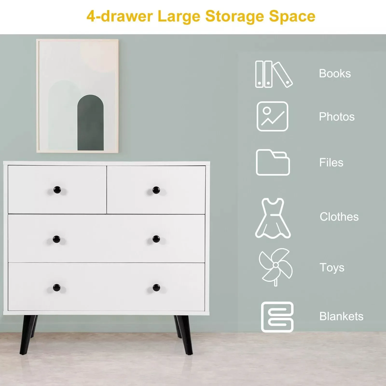 Costway 4-Drawer Dresser Modern Storage Chest Cabinet Wooden Drawer Organizer in White 6