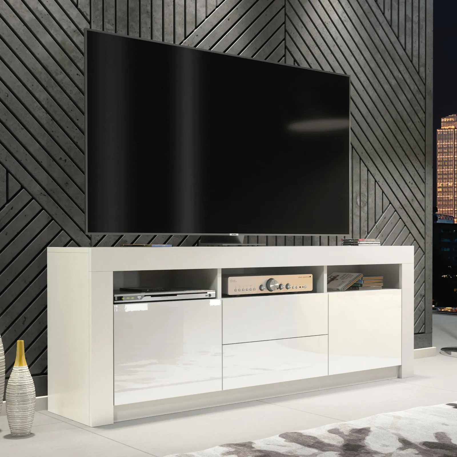 Creative Furniture Shine TV Unit 160cm - A Bright & Stylish Cabinet with Gloss Doors & LED Lights in White 5