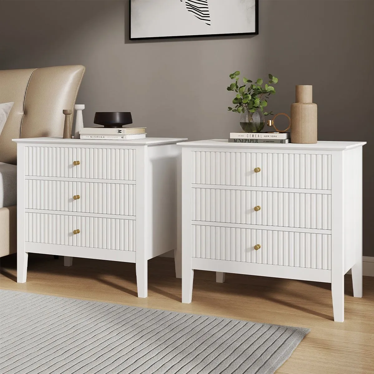 Melody Maison Wide 3 Drawer Chest Of Drawers & Pair Of Large Bedside Tables - Hales White Range 3