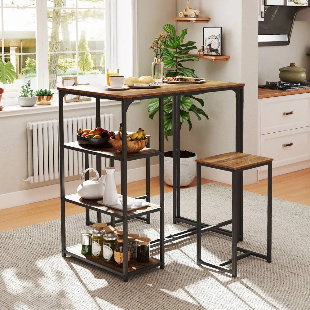 Costway 3-Piece Bar Table Set 2 Person Dining Furniture Set w/2 Stools in Brown 4