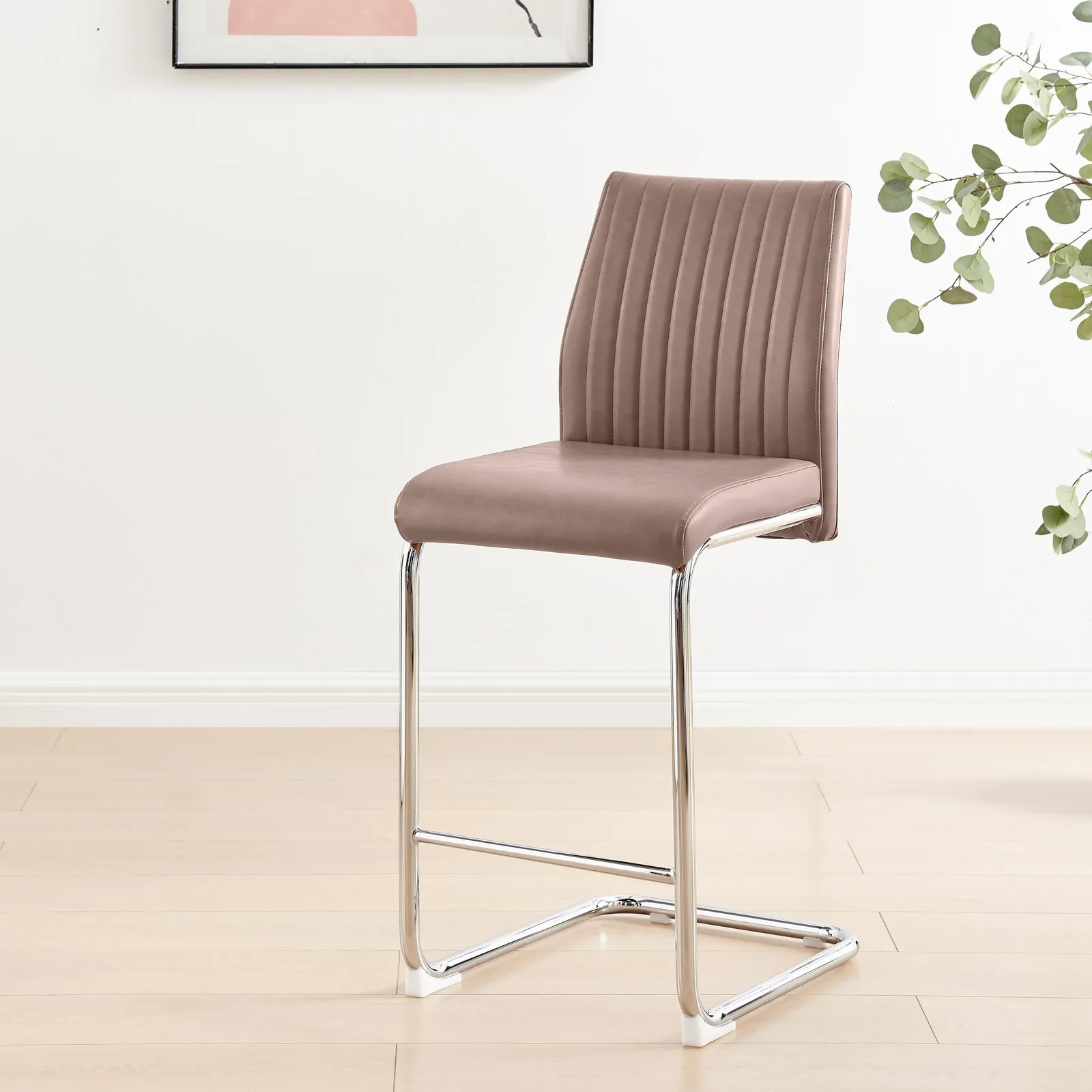 FurnitureboxUK Lorenzo 2x Faux Leather & Silver Counter Stools in Beige 4