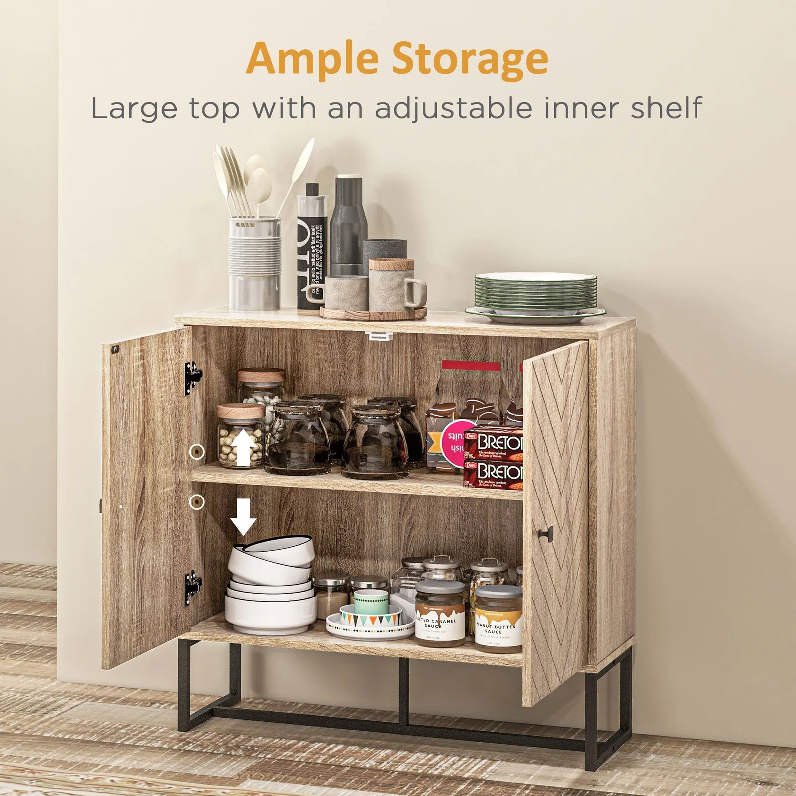 HOMCOM Embossed Arrow Storage Cabinet with Adjustable Shelf Metal Frame in Light Brown 5