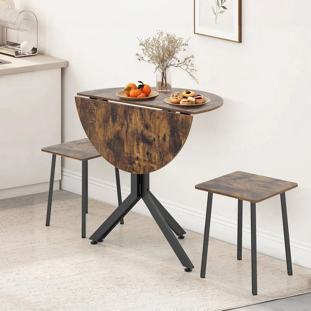 Costway 3-Pieces Drop Leaf Dining Table Industrial Dining Furniture in Brown 3