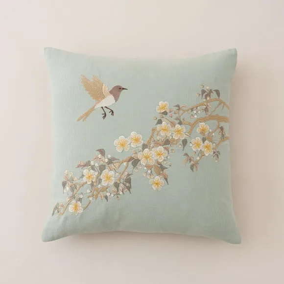 Embroidered Sparrow Cotton Square Cushion 3