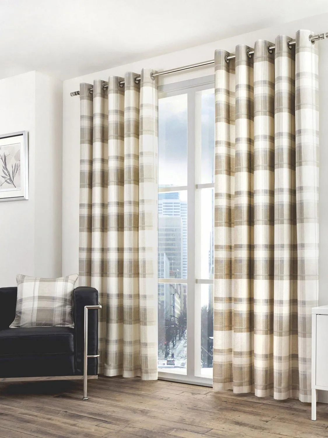 Fusion 'Balmoral Check' Country Checked Pattern Pair of Eyelet Curtains in Natural 1