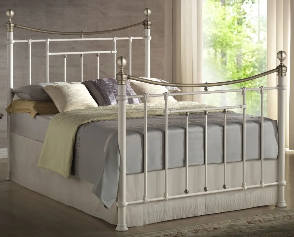 Bronte Double Cream Metal Bed Frame - Victorian Style - Brass Finials and Top Rail - 4ft6 - Happy Beds