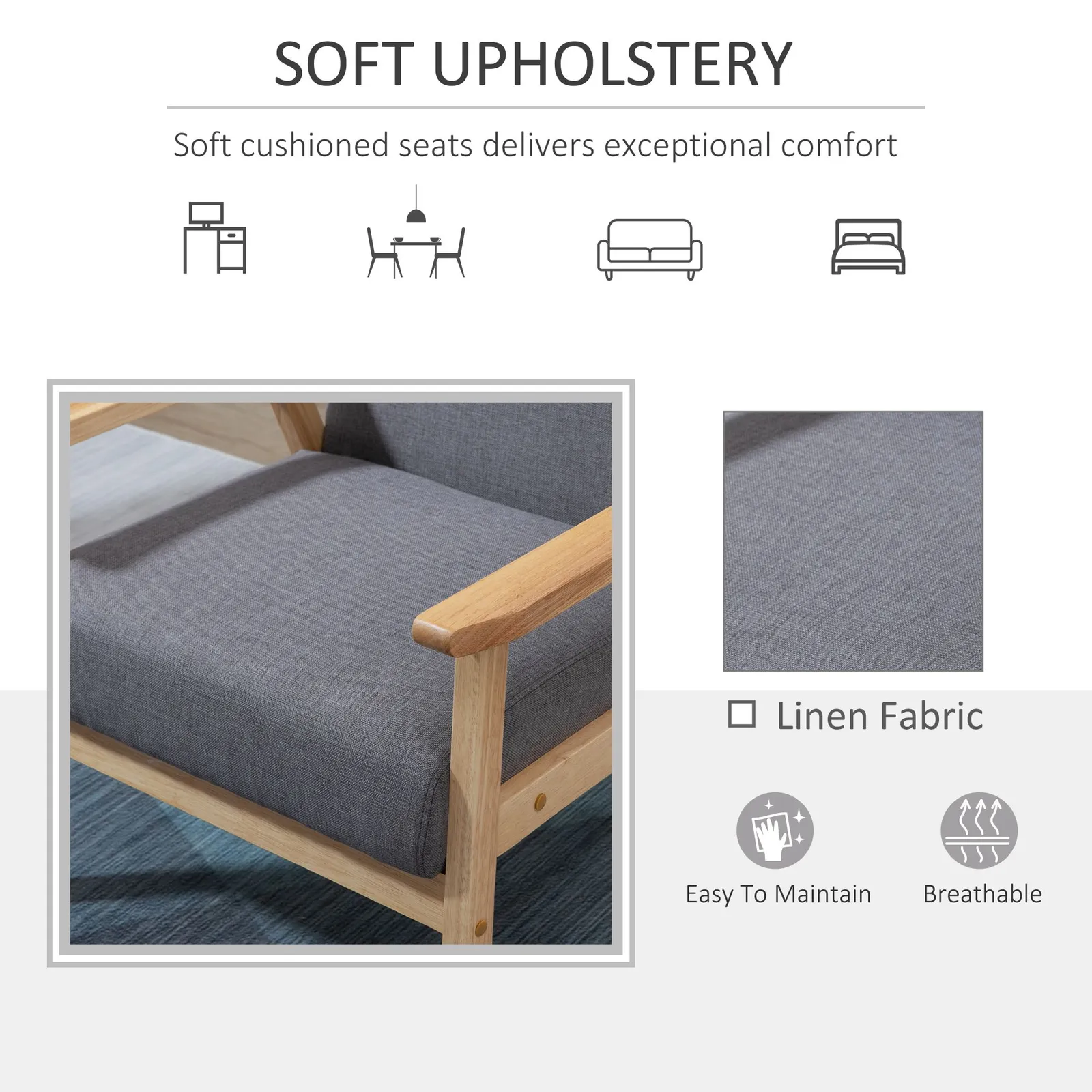 HOMCOM Accent Chair with Wood Frame Wide Seat Linen Armchair in Grey 4