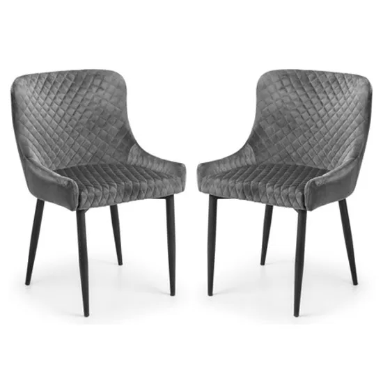 Luxe Grey Velvet Upholstred Dining Chairs With Black Legs In Pair