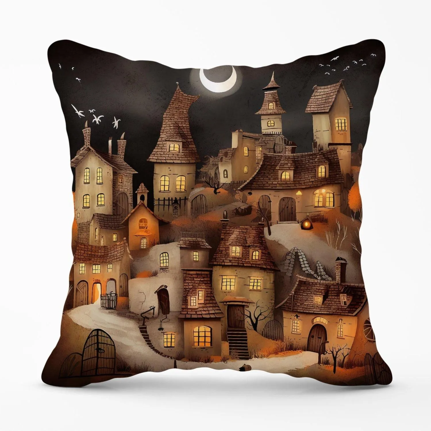 Warren Reed - Designer Spooky Halloween Village Outdoor Cushion in Orange