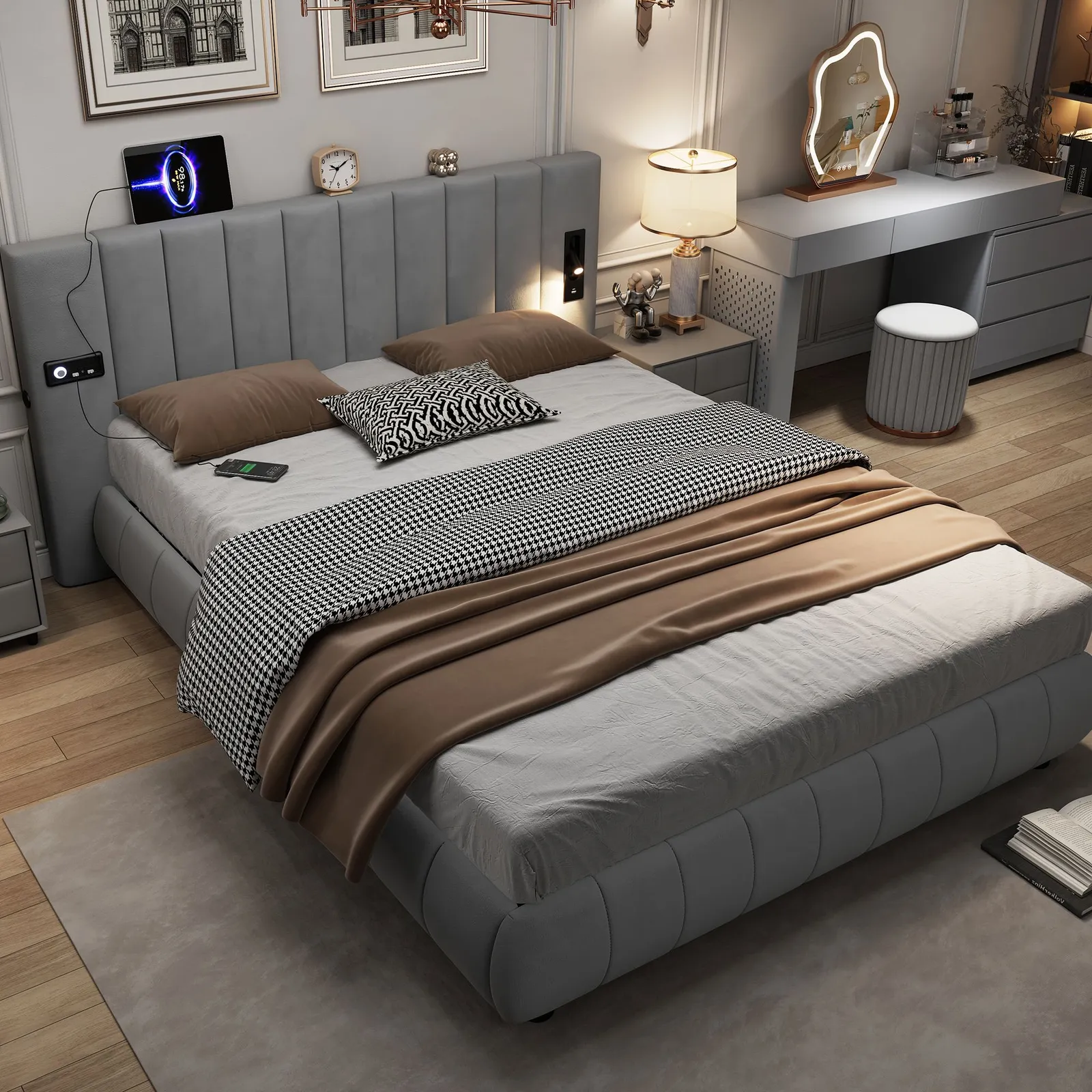 Matteo Upholstered Bed, Adults Teenagers King Size With Stereo, 3 Type A +1 Type C in Grey