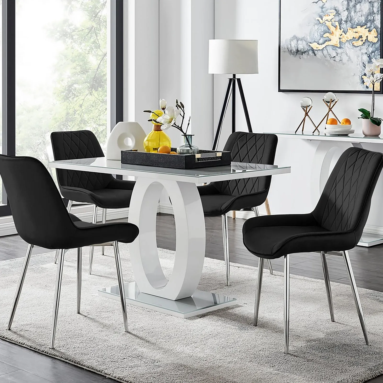 FurnitureboxUK Giovani 4 Grey Dining Table & 4 Pesaro Silver Leg Chairs in Black 1