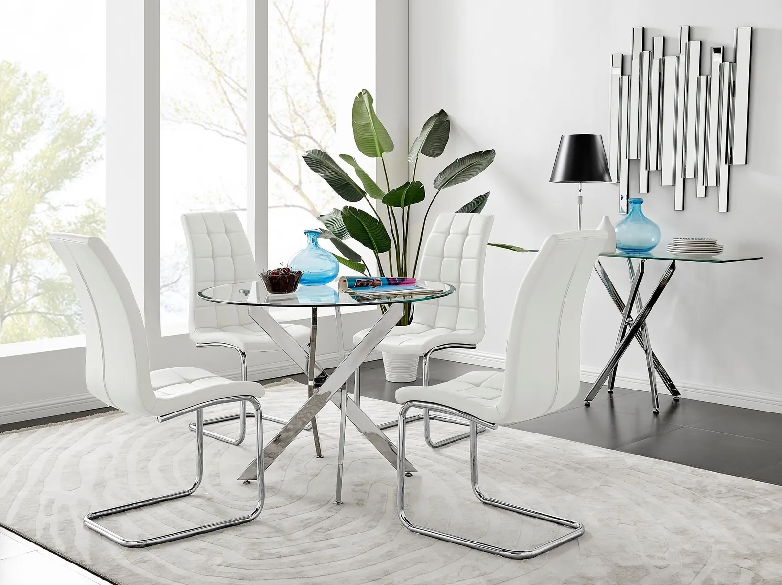 FurnitureboxUK Novara Chrome Metal 100cm Round Glass Dining Table & 4 Murano Dining Chairs in White 1