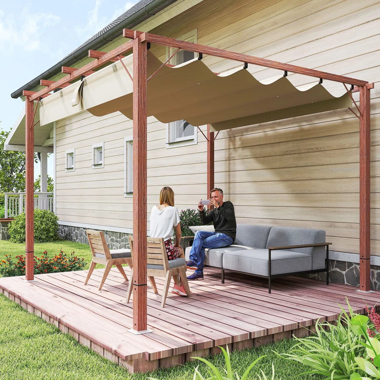 OUTSUNNY 3 x 3(m) Aluminium Garden Pergola with Retractable Roof, Natural
