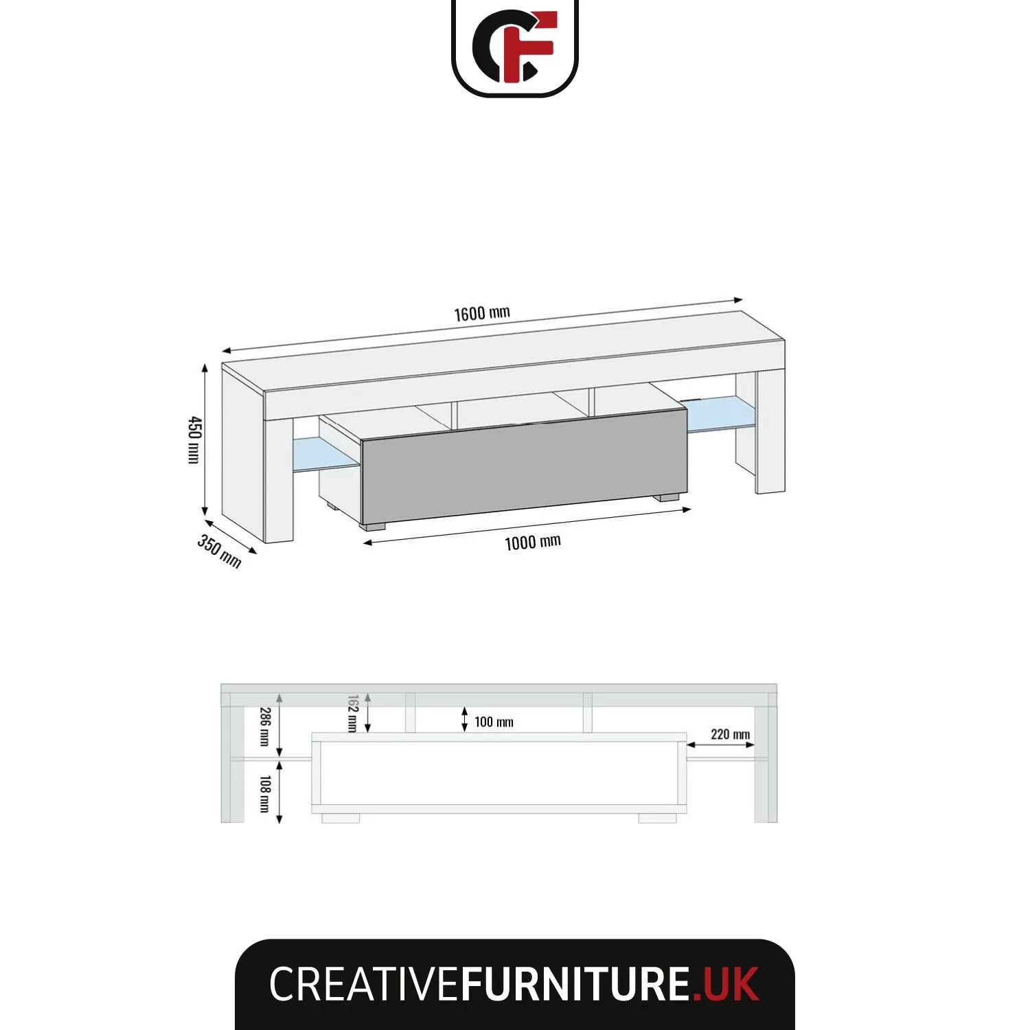 Creative Furniture Aria TV Unit 160cm - A Sleek & Functional Cabinet with Gloss Doors & LED Lights in Black 3