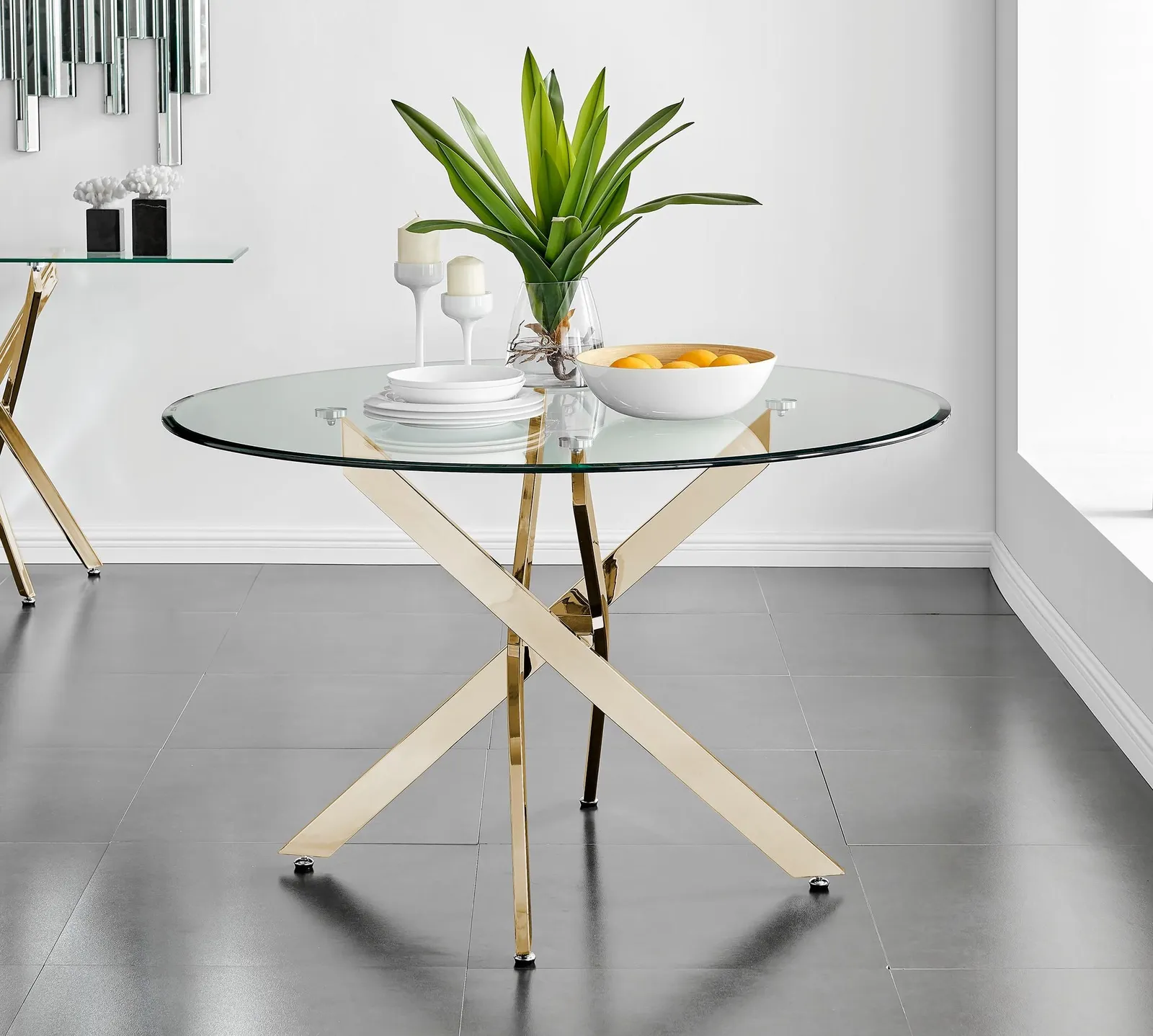 FurnitureboxUK Novara 120cm Round 6-Seater Glass & Metal Starburst Dining Table in Gold 5