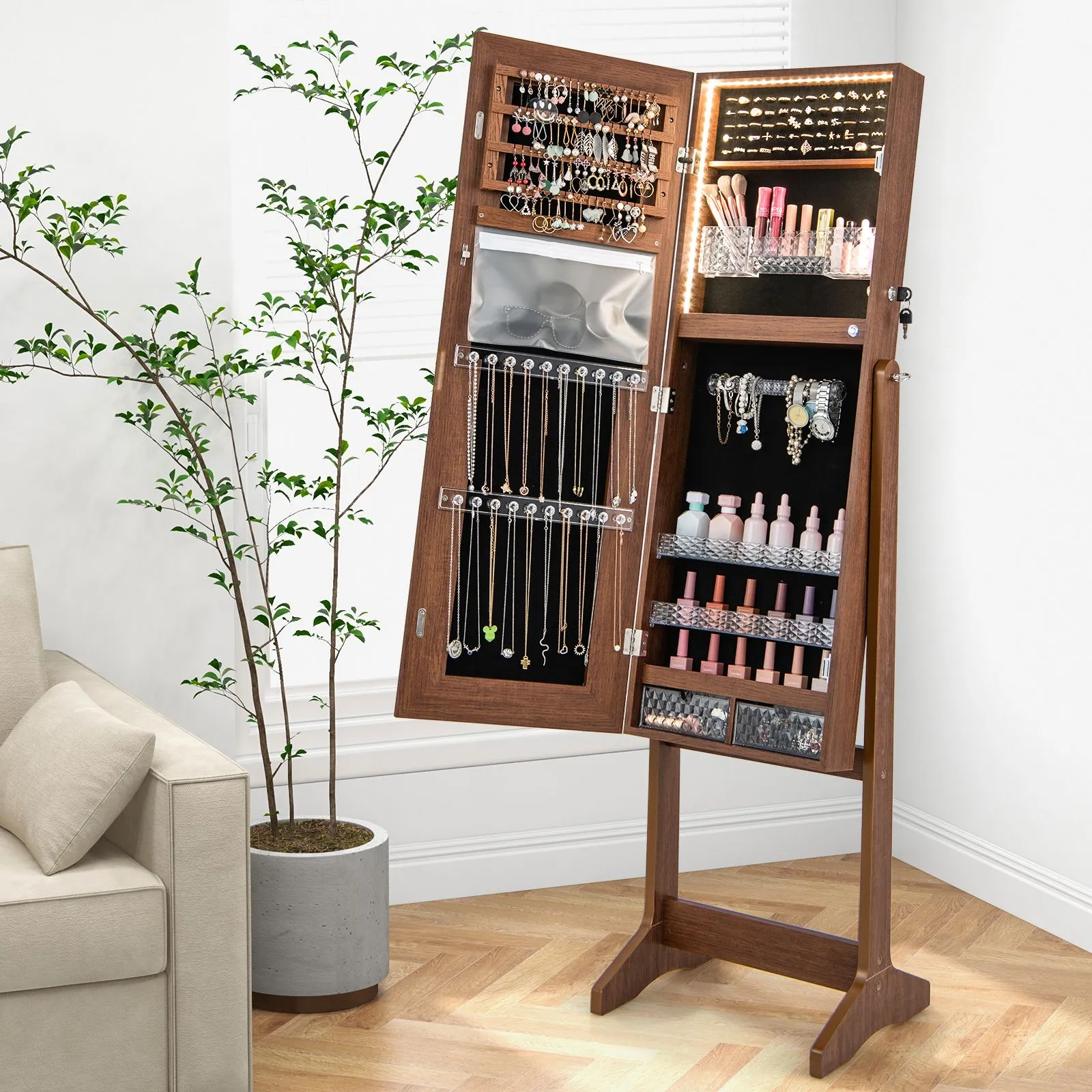 Costway Standing Jewelry Cabinet Lockable Jewelry Armoire w/ LED Lights in Brown 4