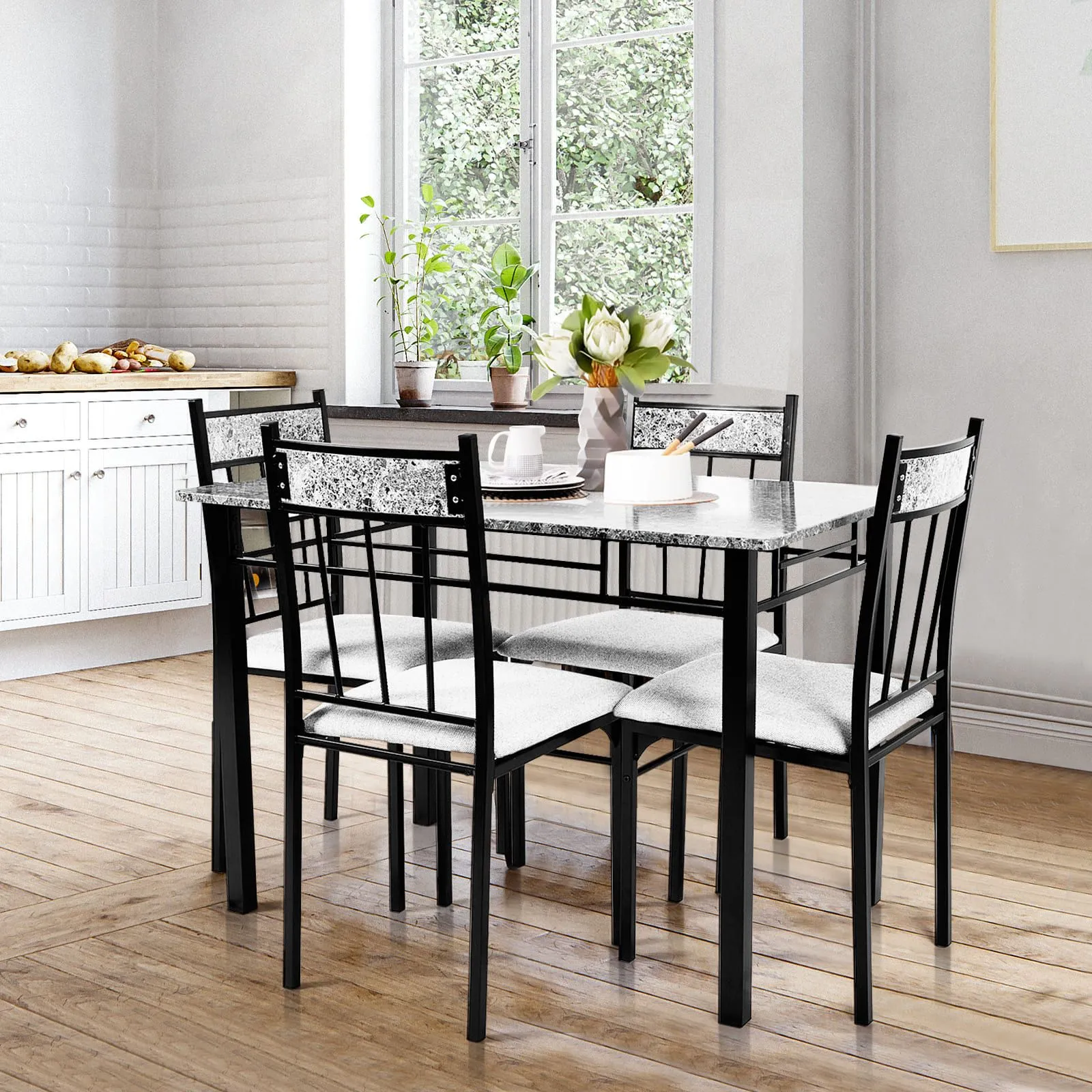 Costway Marble 5-piece Kitchen Dining Set Dining table w/Sponge Cushion-Grey in Grey 5