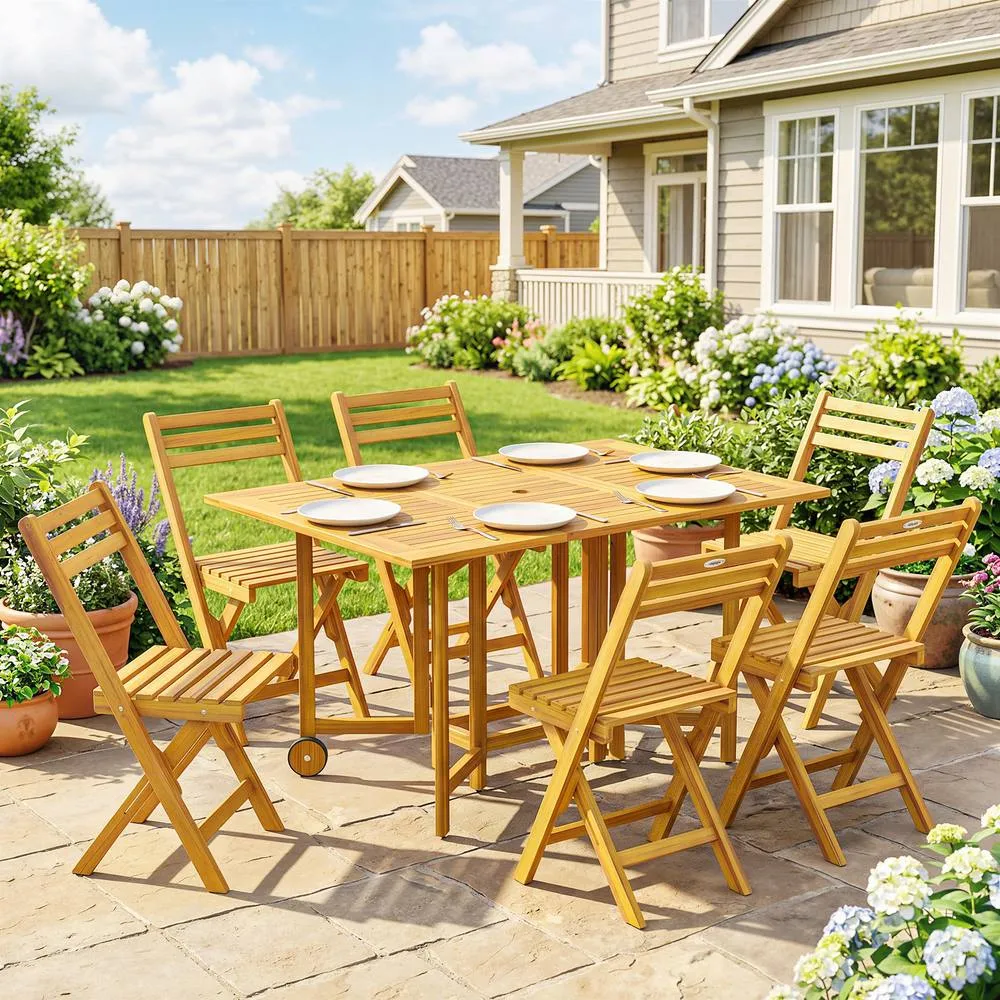 OUTSUNNY 7 Pieces Garden Dining Set with Extending Table, 6 Folding Chairs in Natural