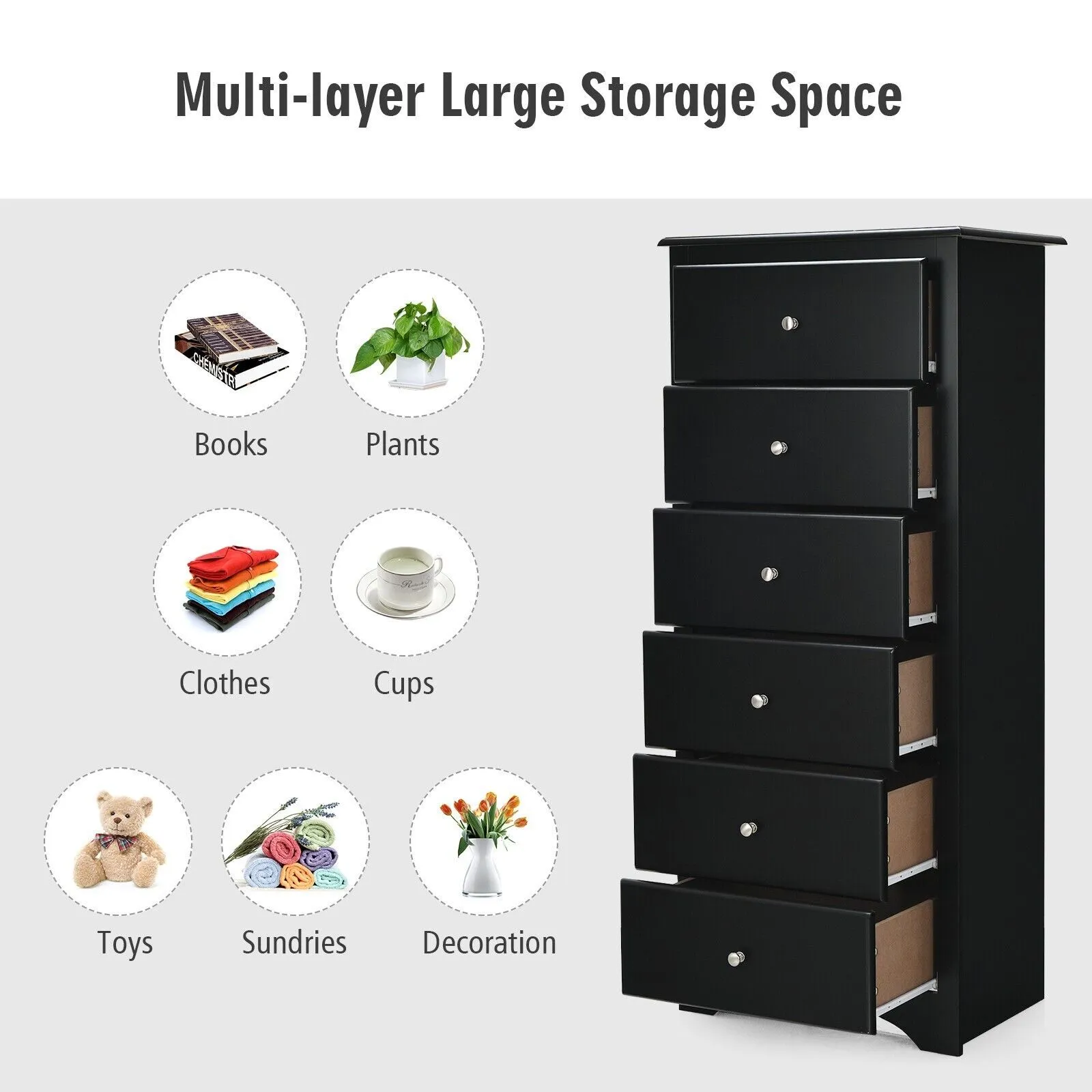 Costway Chest of Drawers Free Standing 6 Drawers Wooden Storage Cabinet W/ Metal Handles in Black 5