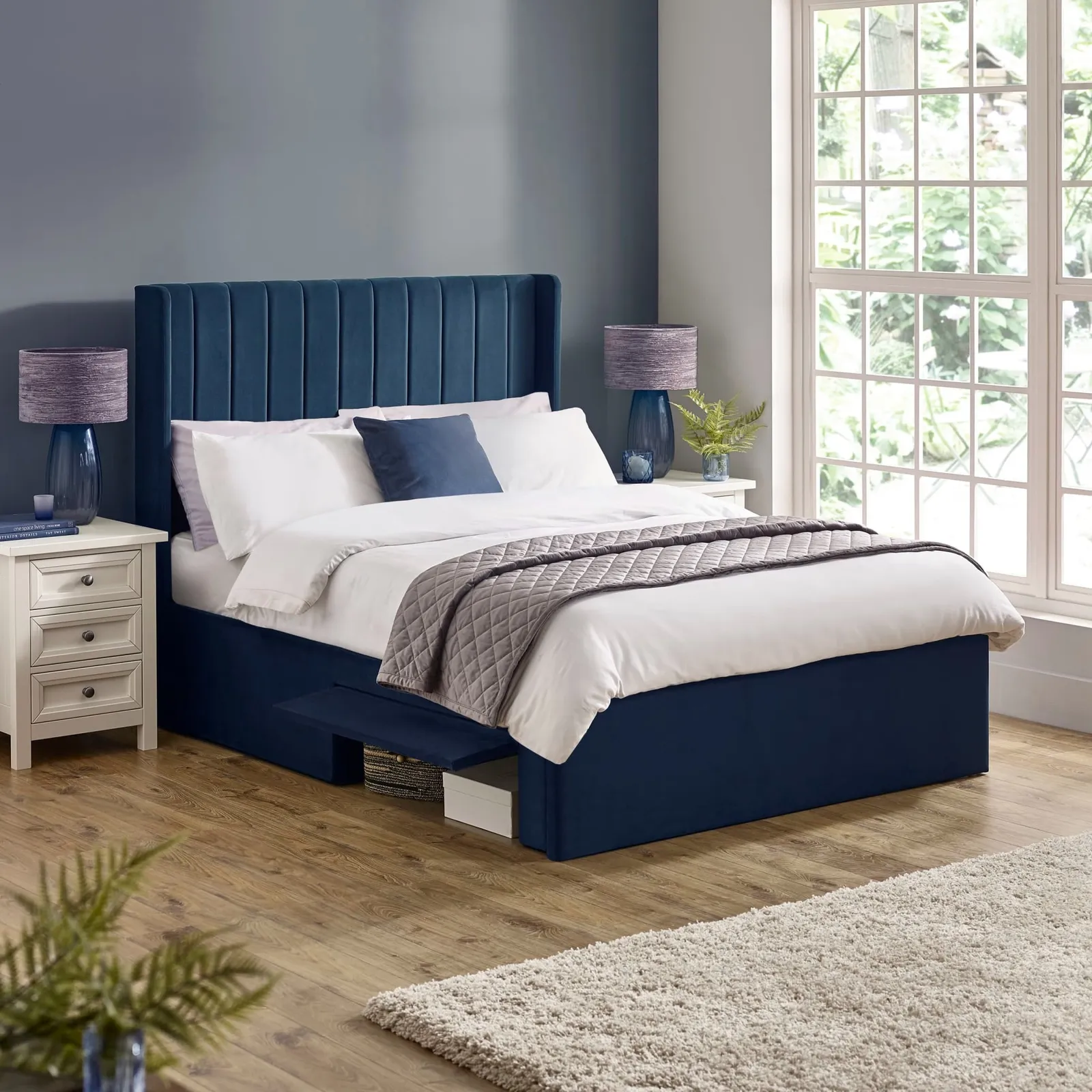 Leila - Double - Storage Bed - Blue - Velvet - 4ft 1