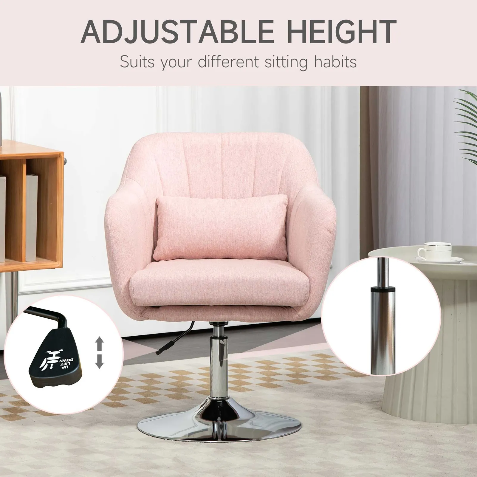 HOMCOM Stylish Retro Linen Swivel Tub Chair Steel Frame Cushion Seat Pink 4