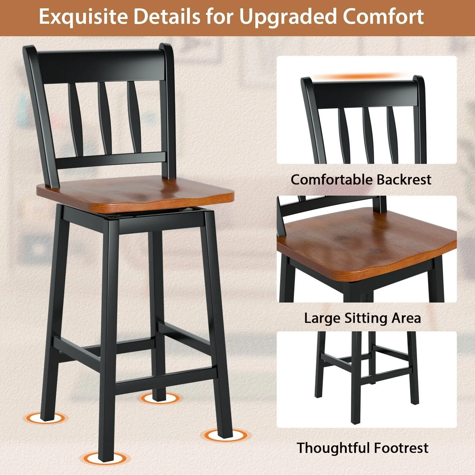 Costway Bar Stools Set of 2 Rubber Wood Swivel Bar Chairs with Backrest & Footrest in Black 4