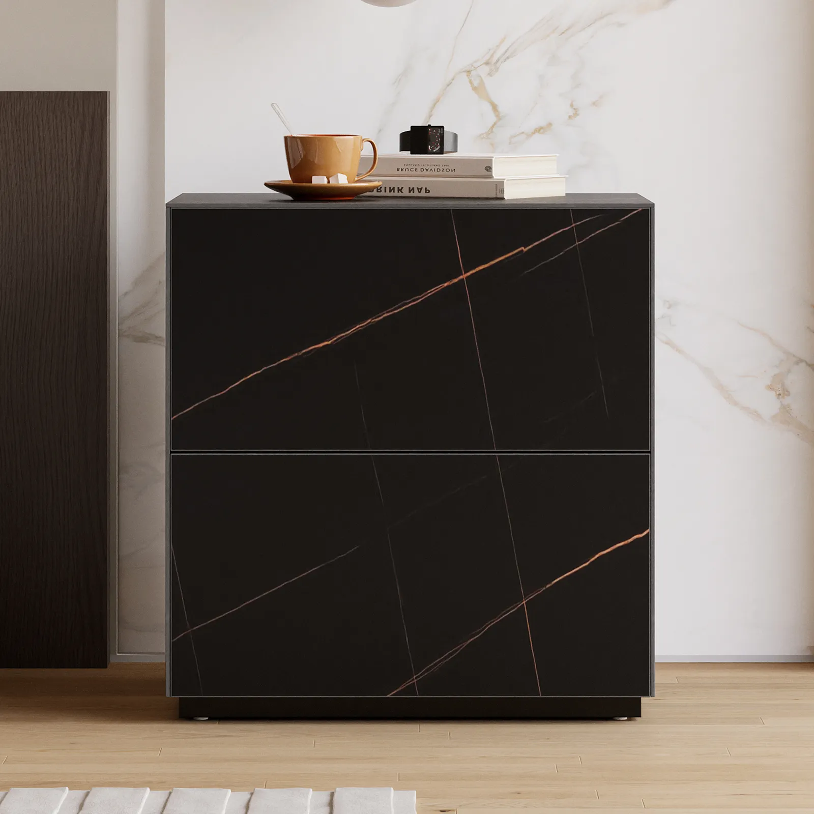 Modern 600mmW Sintered Stone Nightstand 2 Drawer Bedside Table Set of 2
