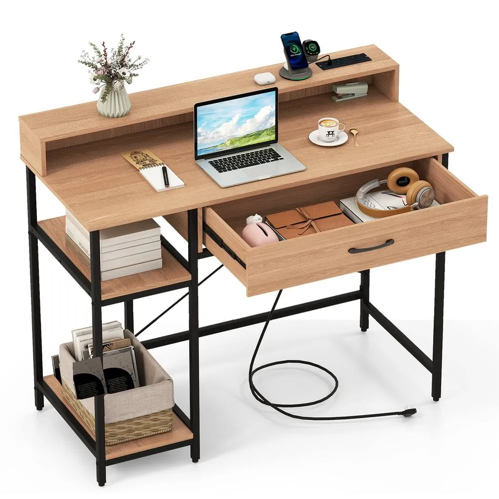 Costway Modern Computer Desk Office Writing Work Study Desk w/ Power Outlets in Natural 2