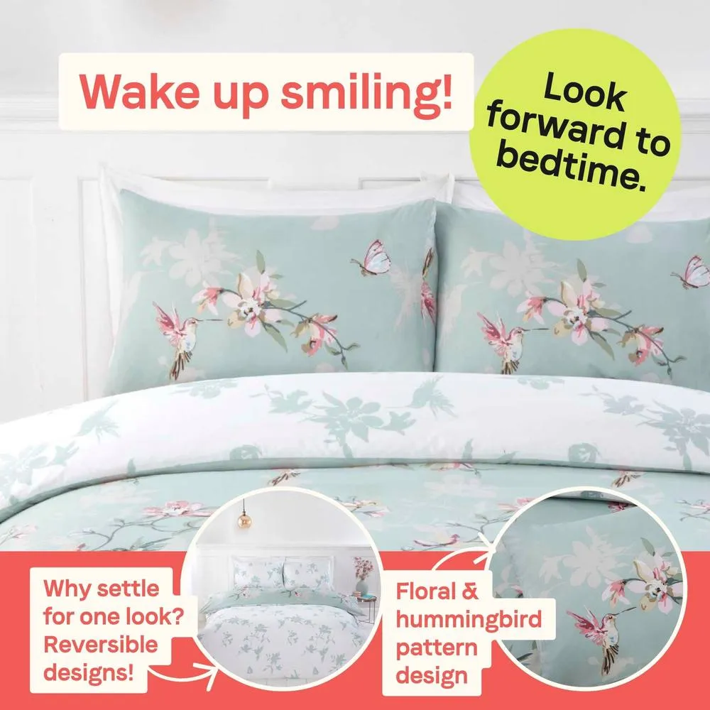 Rapport Home Hummingbird Microfibre Floral Duvet Cover Set With Pillowcase in Green 3