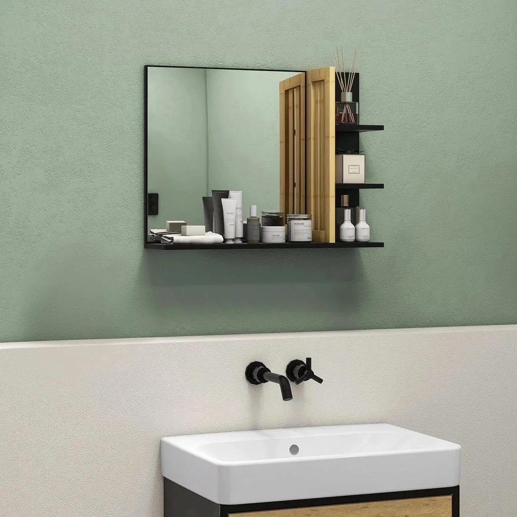 HOMCOM Modern Wall Mounted Bathroom Mirror with 4 Storage Open Shelves Black