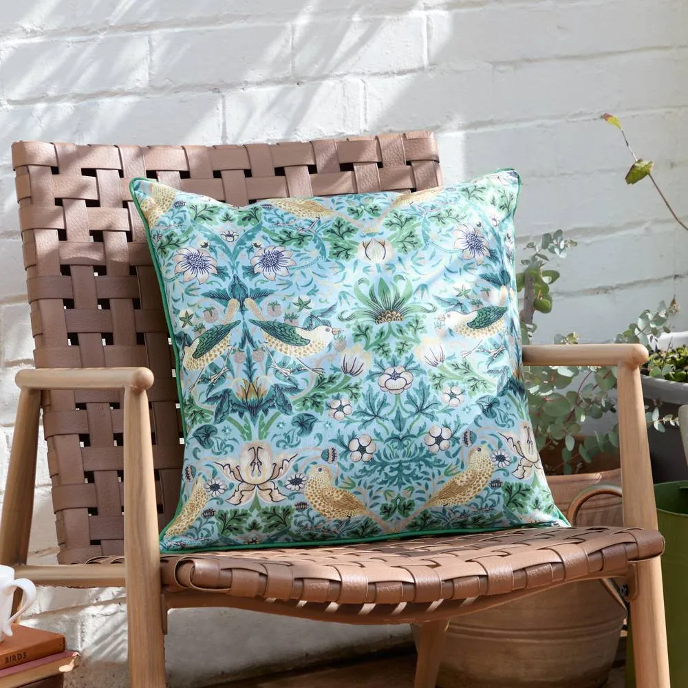 Morris & Co Strawberry Thief Piped Outdoor Cushion in Blue 1