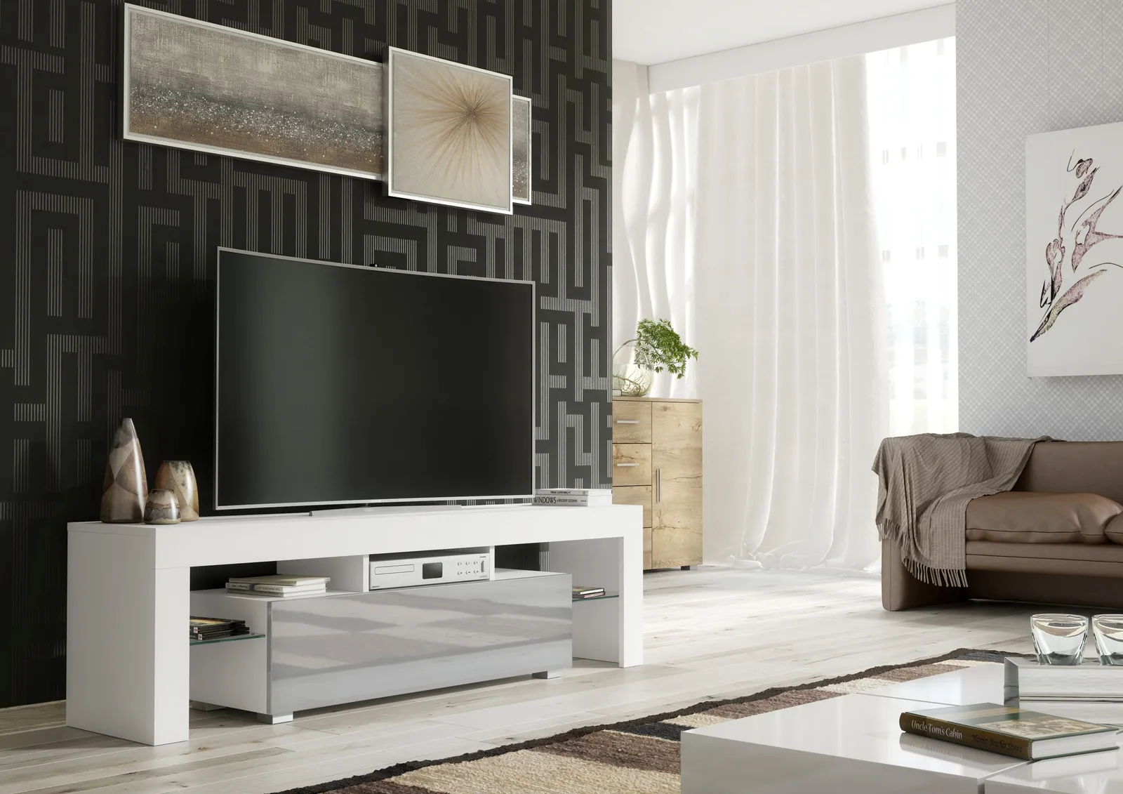 Creative Furniture TV Unit 160cm Stylish Modern - White with High Gloss Grey Doors 2
