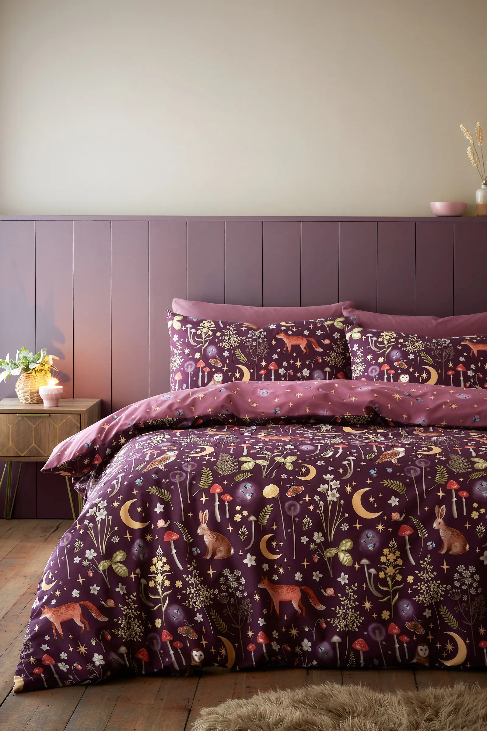 Catherine Lansfield 'Enchanted Twilight Animals' Reversible Duvet Cover Set in Plum 1