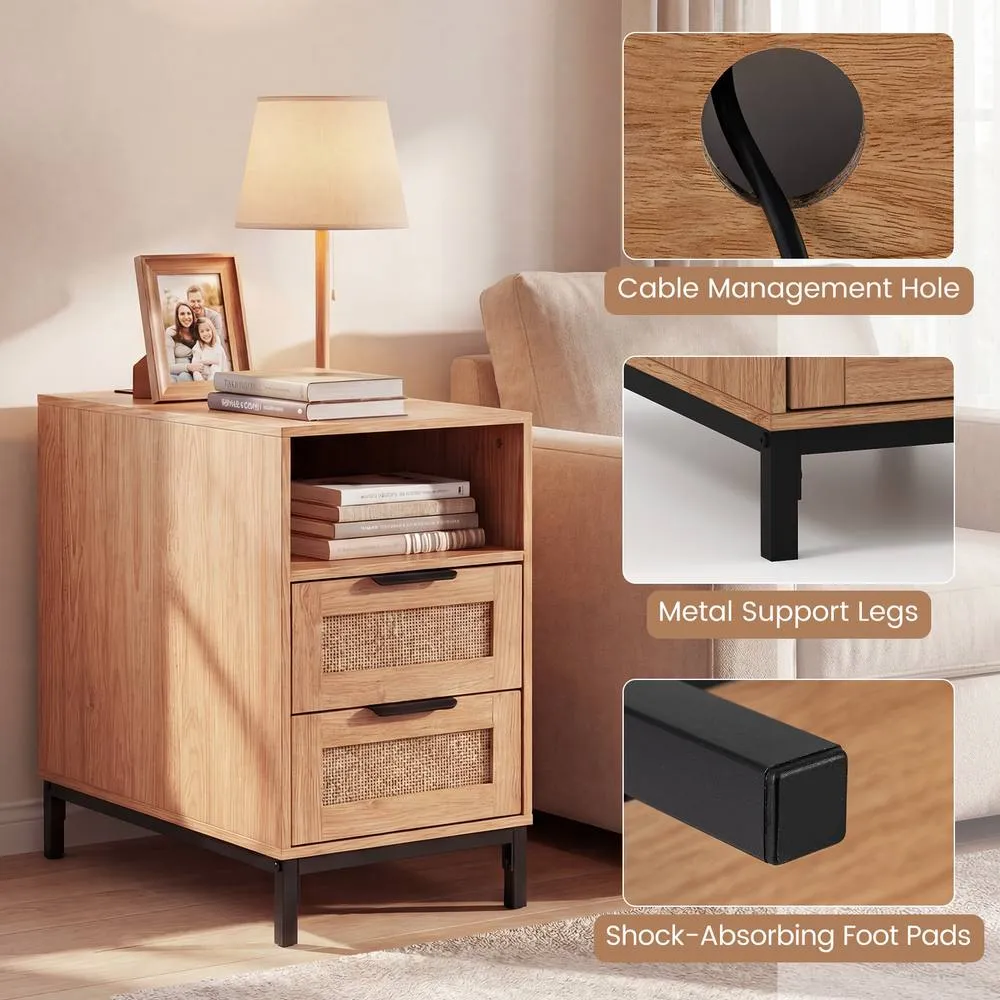 Costway Narrow End Table with Charging Station in Brown 4