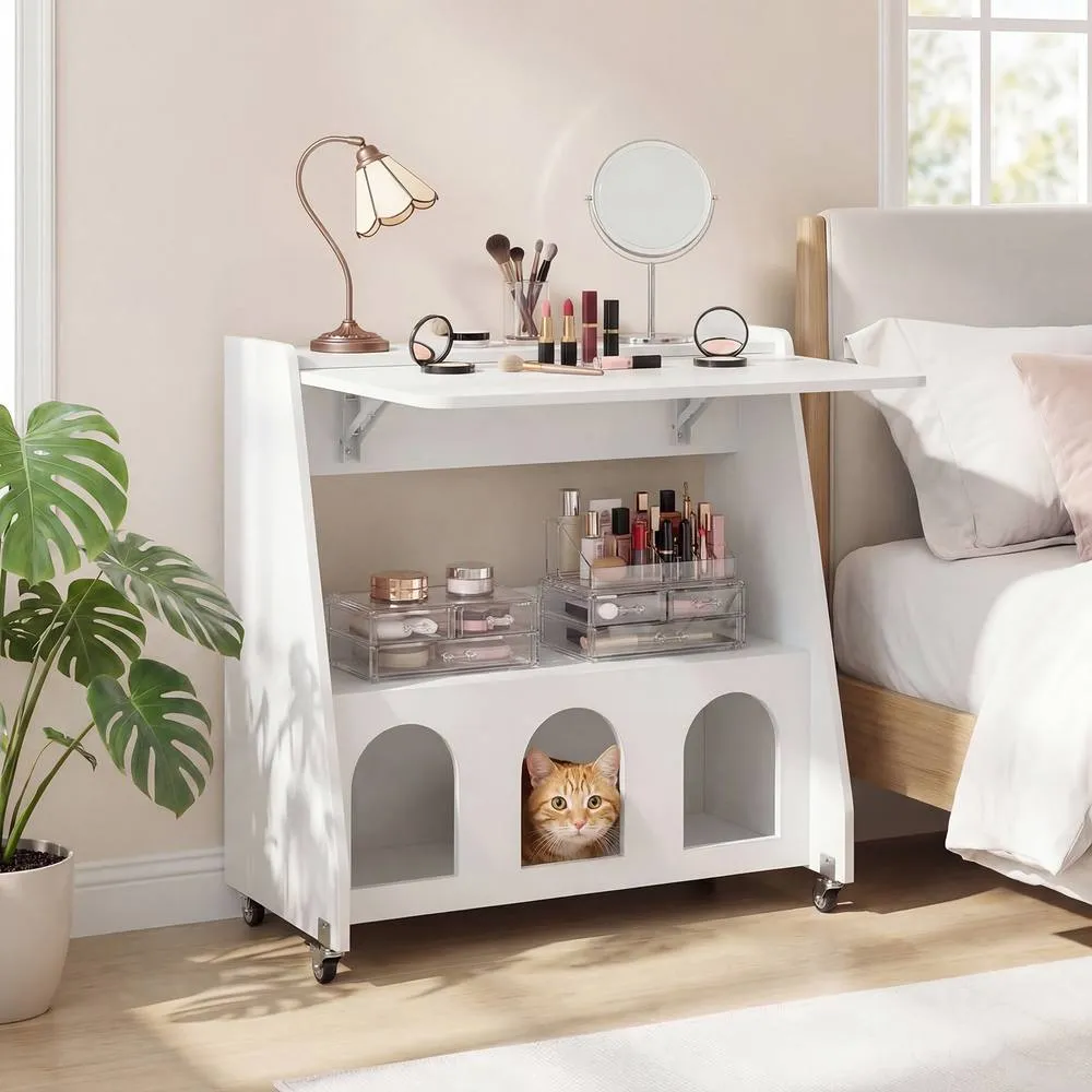 Costway Folding Desk on Wheels Drop Leaf Writing Desk w/ Storage Shelves in White 4