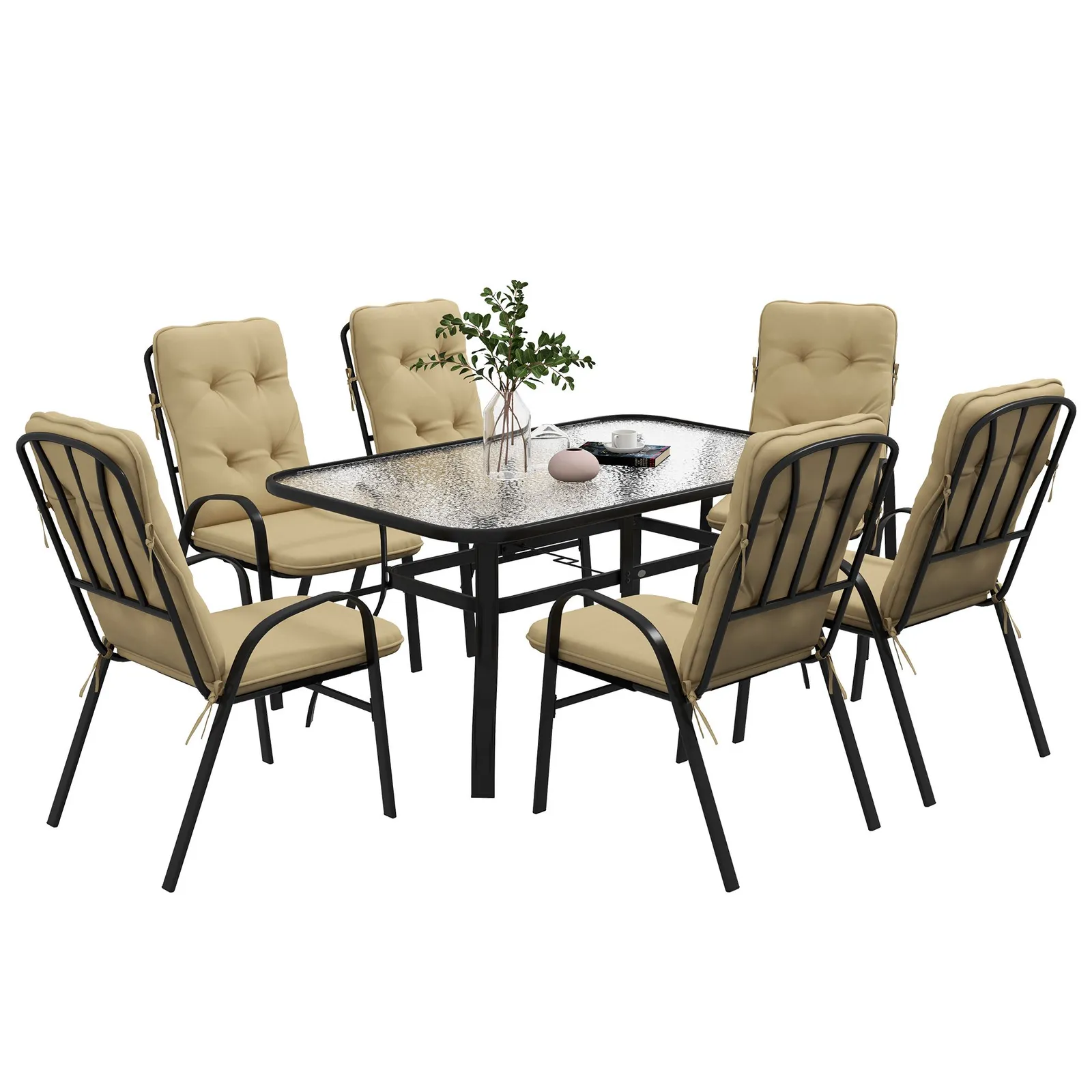 OUTSUNNY 7 PCs Garden Dining Set w/ Umbrella Hole & Cushion in Beige 2