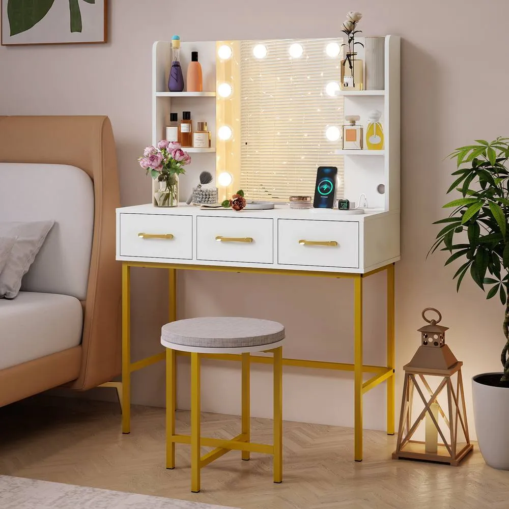 Costway Makeup Dressing Table & Cushioned Stool Set with Mirror & Lights in White 4