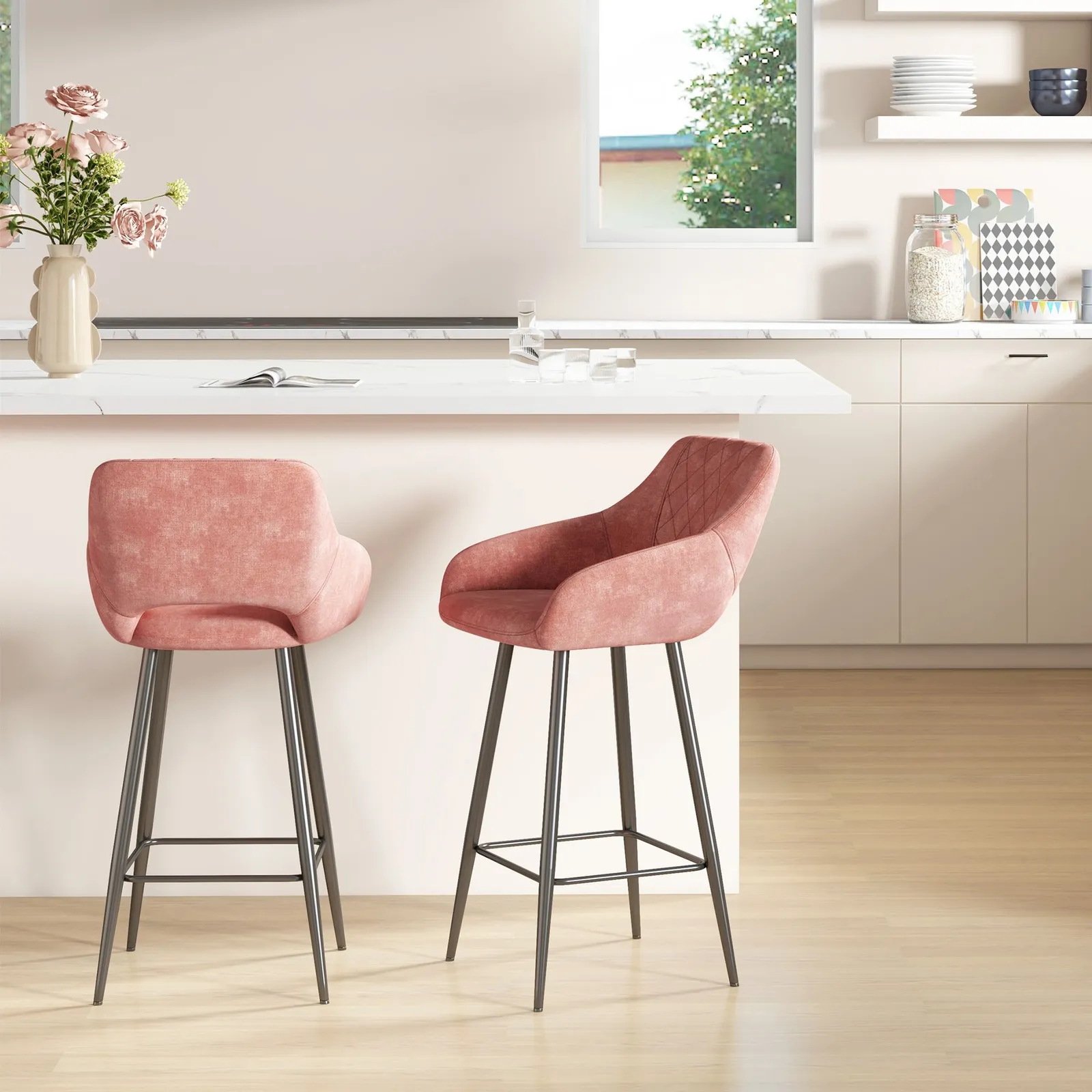 HOMCOM Stools Set of 2, Velvet-Touch Fabric Counter Height Bar Chairs in Pink