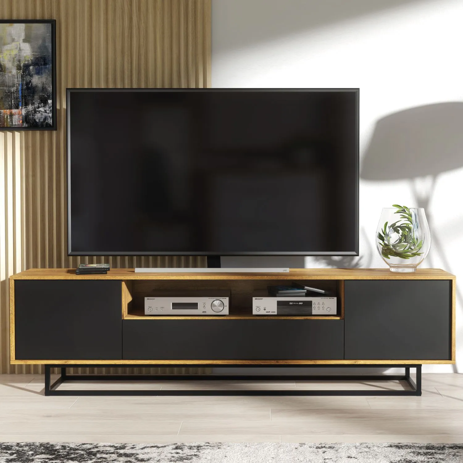Creative Furniture Rift Loft TV Unit 200cm - Industrial-Style Storage with Rustic, Oak & Black Matt Doors 2