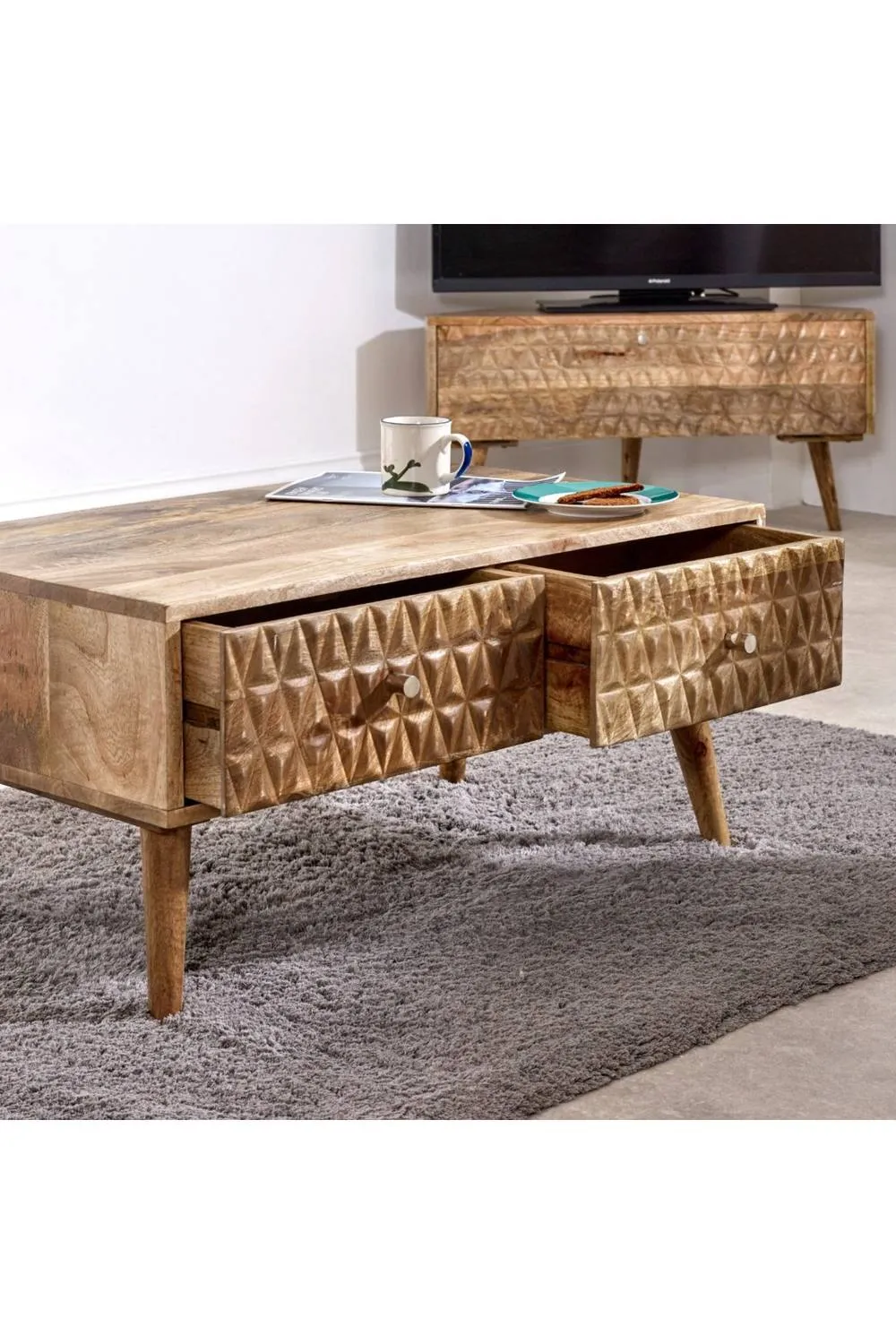 IH Design Cliddesden Light Mango Wood Coffee Table 2 Drawers in Natural 3