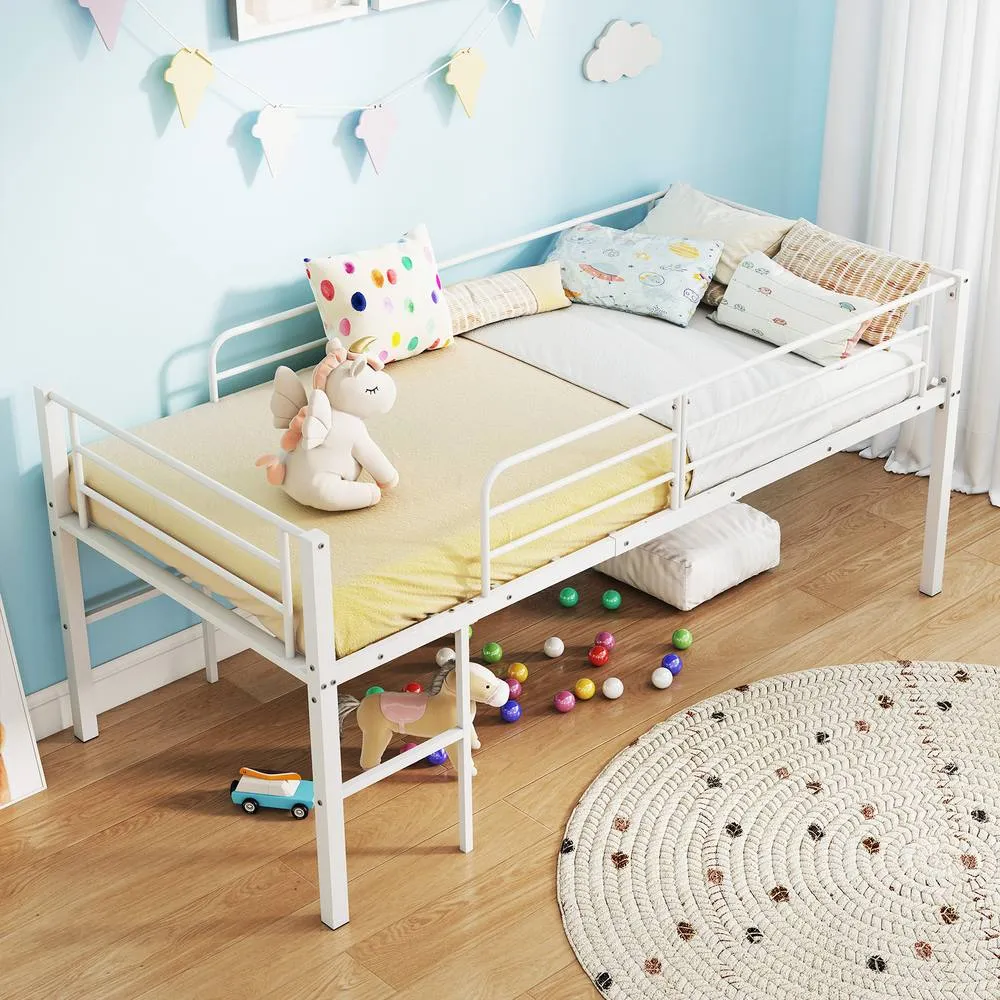 Costway Single Size Low Loft Bed Metal Bed Frame w/ Guardrails & 2 Ladders in White 5