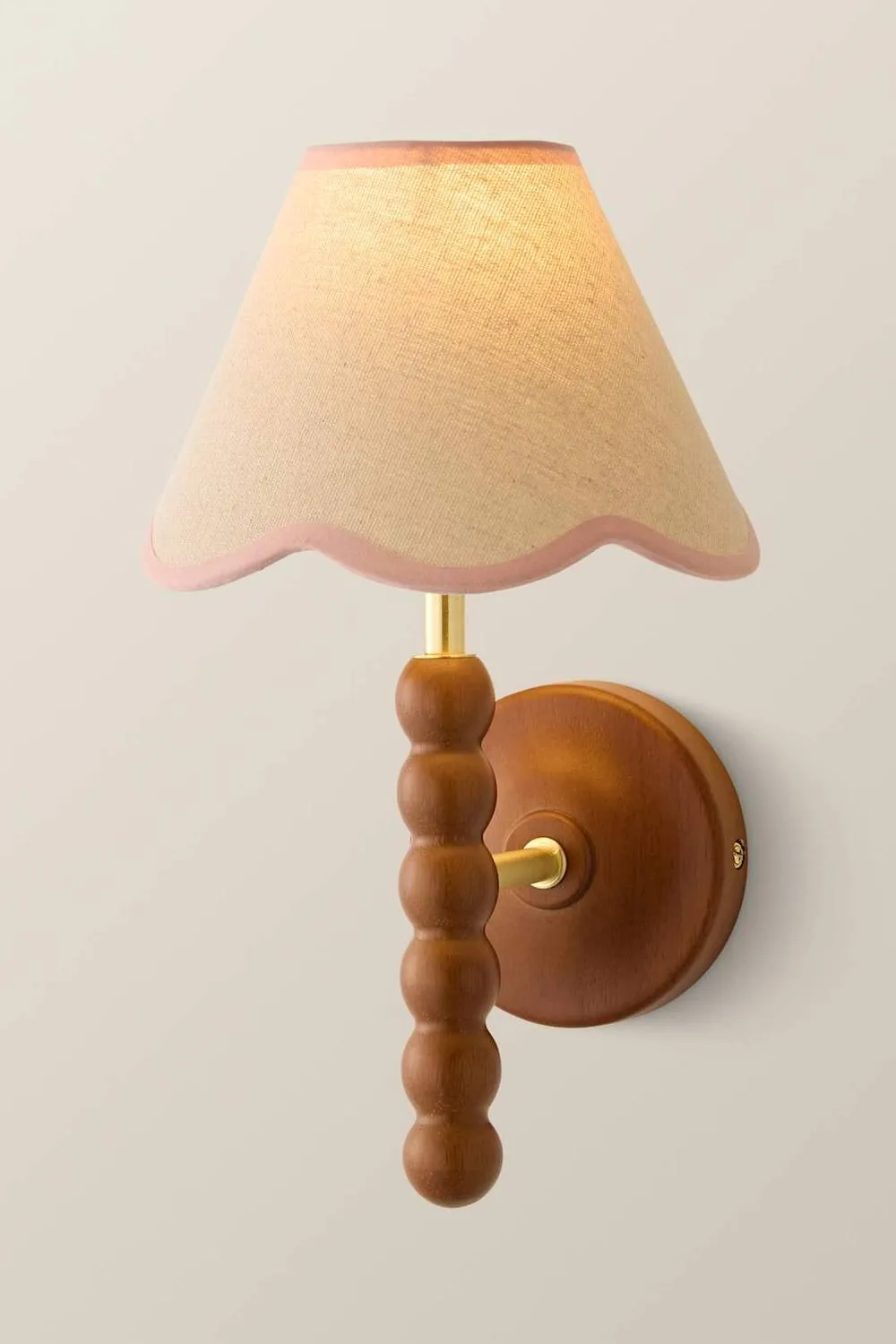ValueLights Bobbins Walnut Bobble Wall Light & Linen Trim Lamp Shade & Bulb in Baby Pink 3