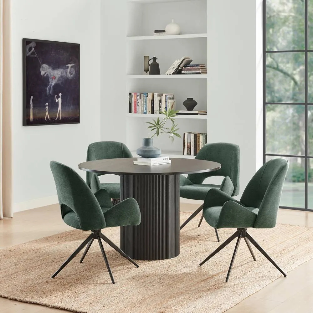 FurnitureboxUK Penrose Black Round Dining Table & 4 Layla Fabric Swivel Chairs in Bottle Green