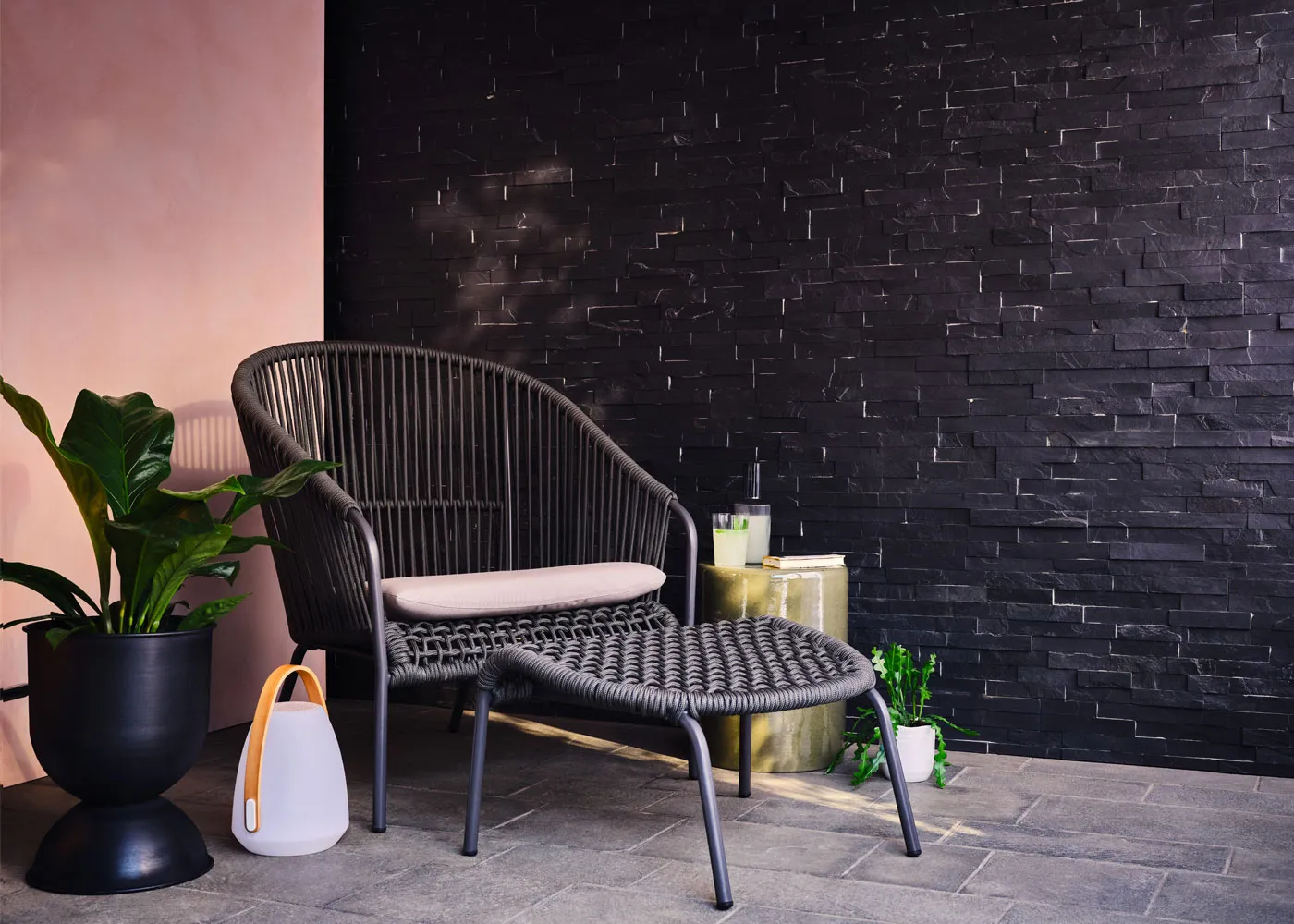 Heal's Filo Outdoor Lounge Chair and Ottoman Grey Weave