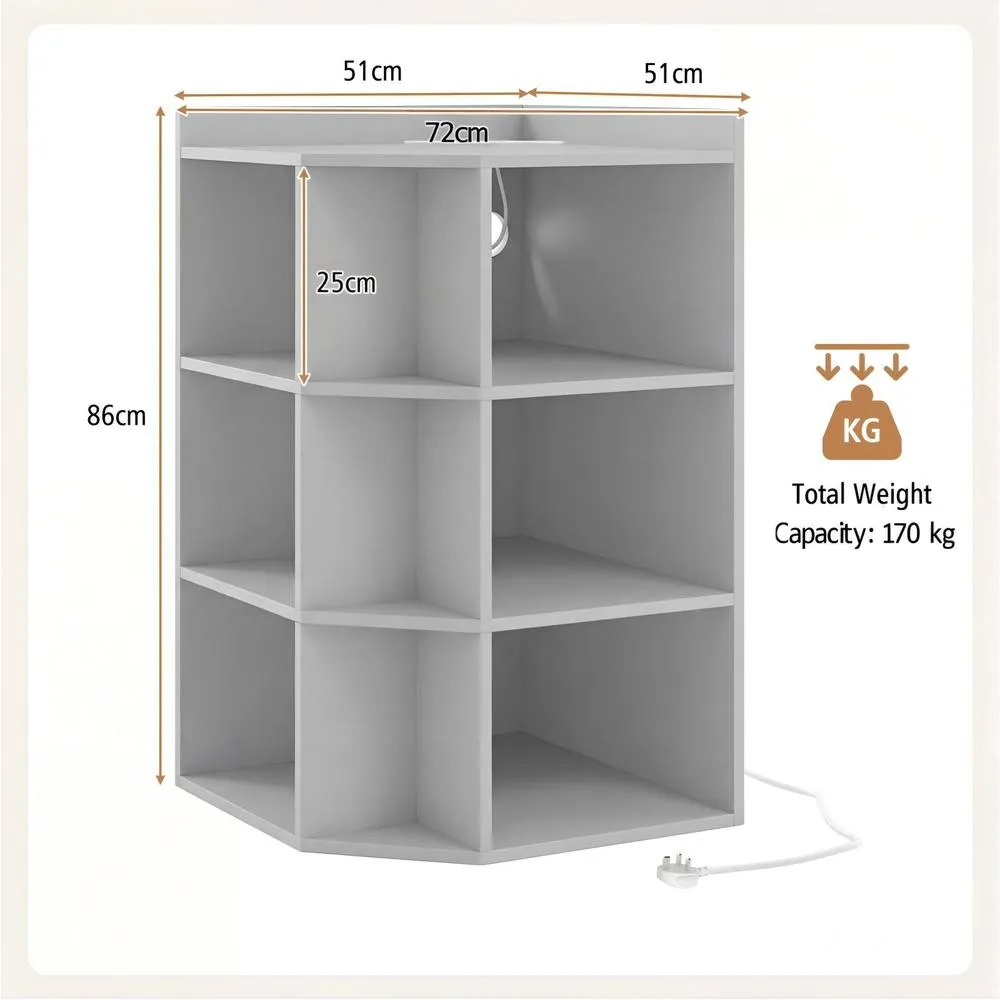 Costway 4-Tier Wooden Corner Bookcase 9 Cubbies Bookshelf w/ Charging Station in Grey 2